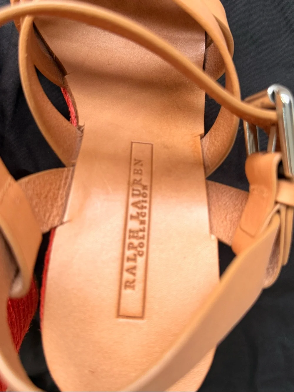 Ralph Lauren Purple Label Tan Leather Platform Sandals with Red Trim